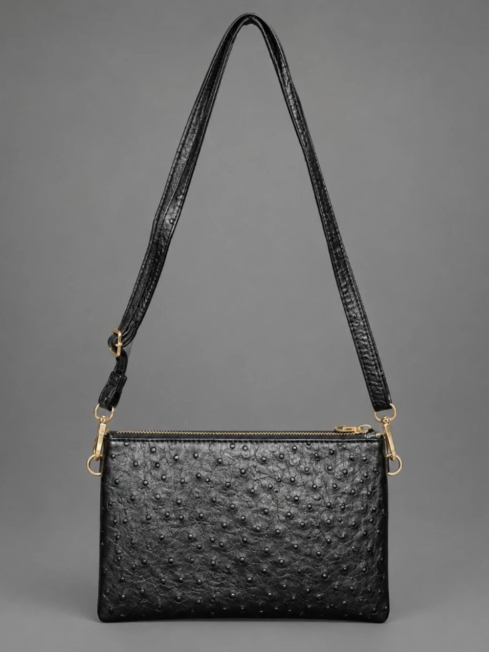 Black Ostrich Embossed Textured Crossbody Shoulder Bag Purse Gold Tone Hardware